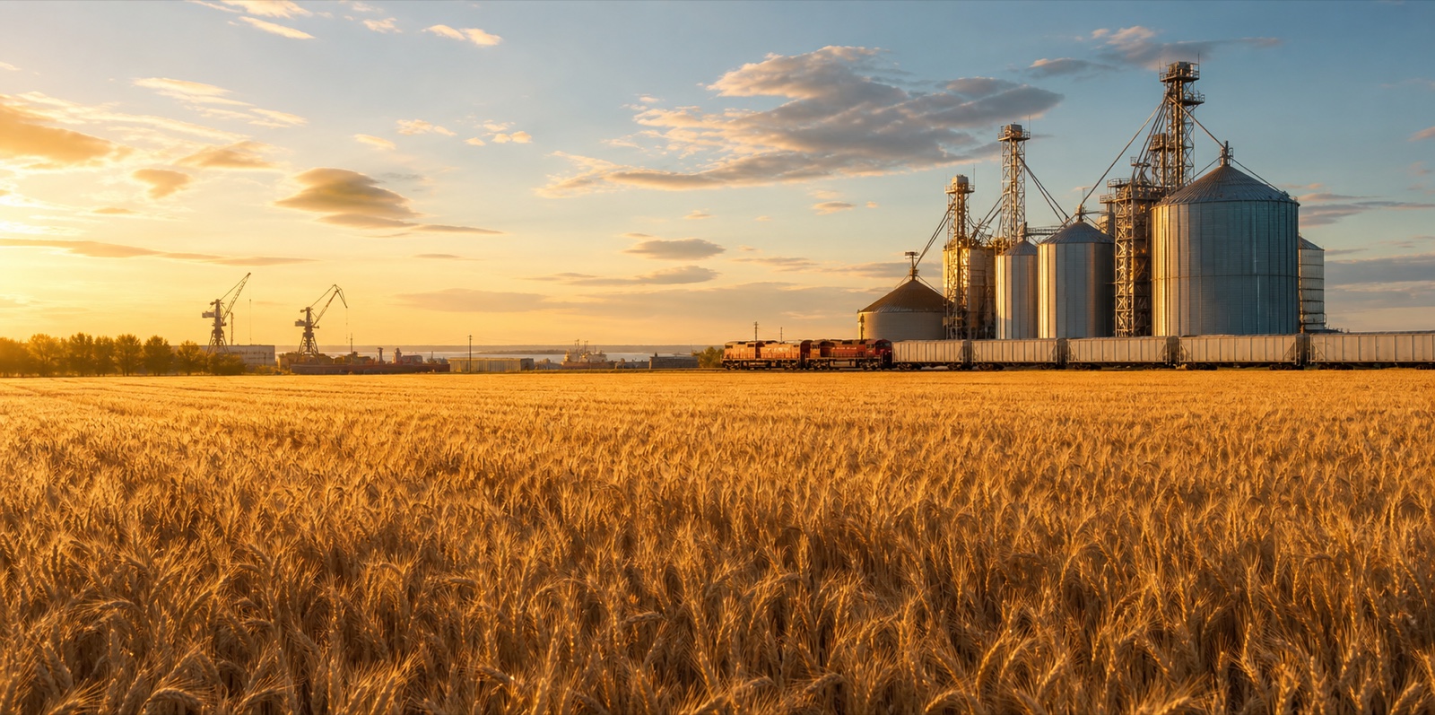 Golden grain fields connected to storage, rail, and export logistics