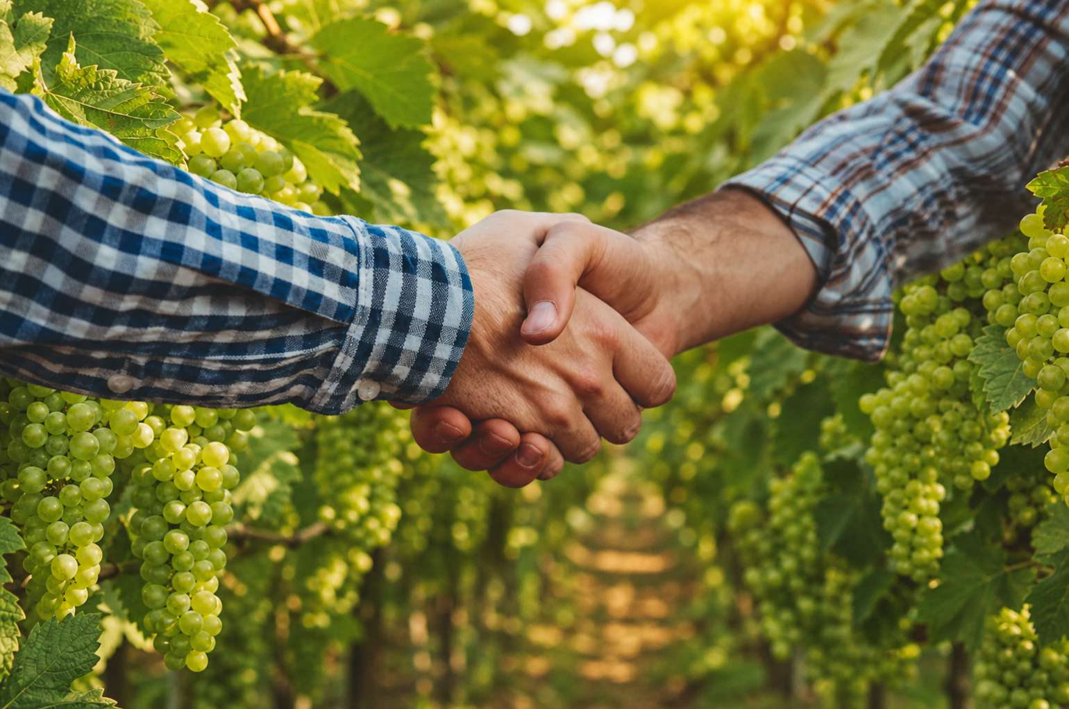 Agricultural business partners shaking hands in a Shine Muscat vineyard
